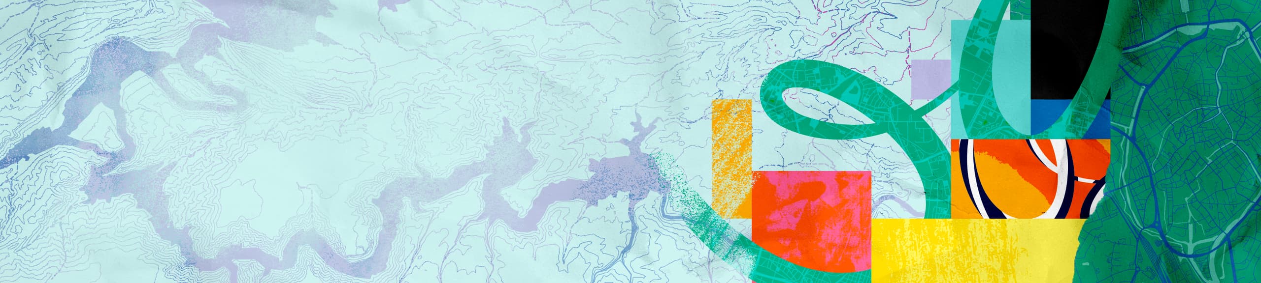 Collage of colorful abstract shapes, patterns, and designs including stylized mapping elements