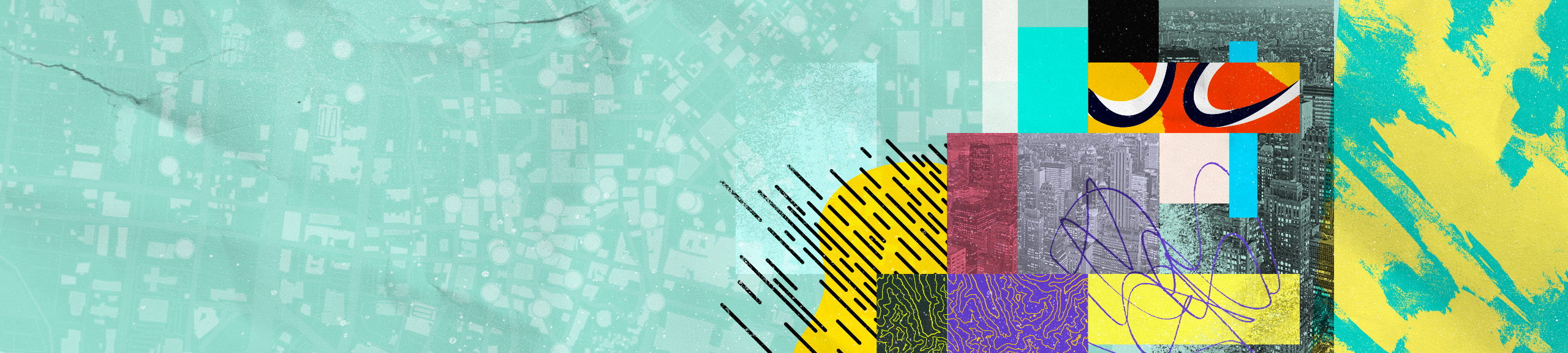 Vibrant abstract collage of geomteric shapes, mapping textures, and cityscape photos