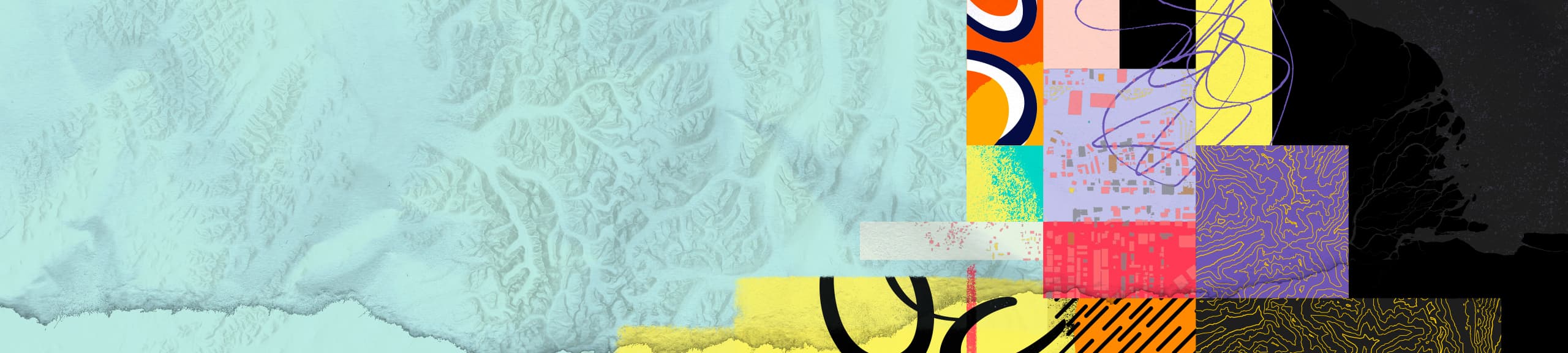 Collage of colorful abstract shapes, patterns, and designs including stylized mapping elements