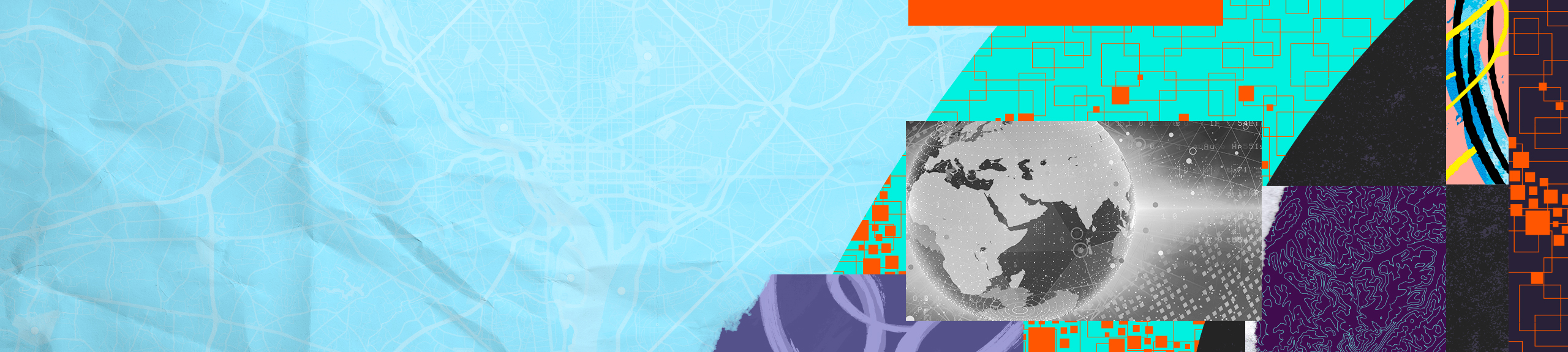 Abstract collage with overlapping geometric panels, circuit patterns, data lines over a globe, and textured shapes in purple, orange, blue, and black.