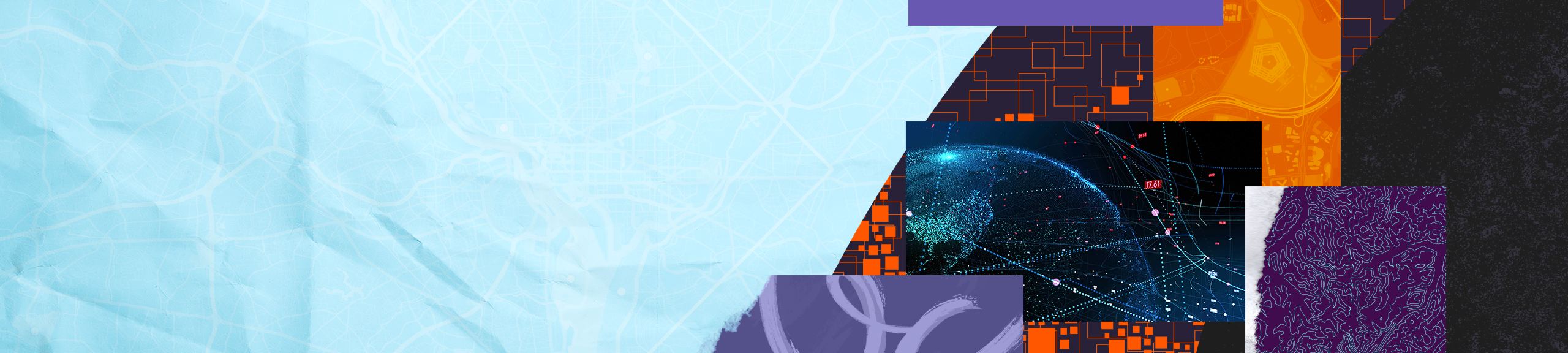 Abstract collage with overlapping geometric panels, circuit patterns, data lines over a globe, and textured shapes in purple, orange, blue, and black.