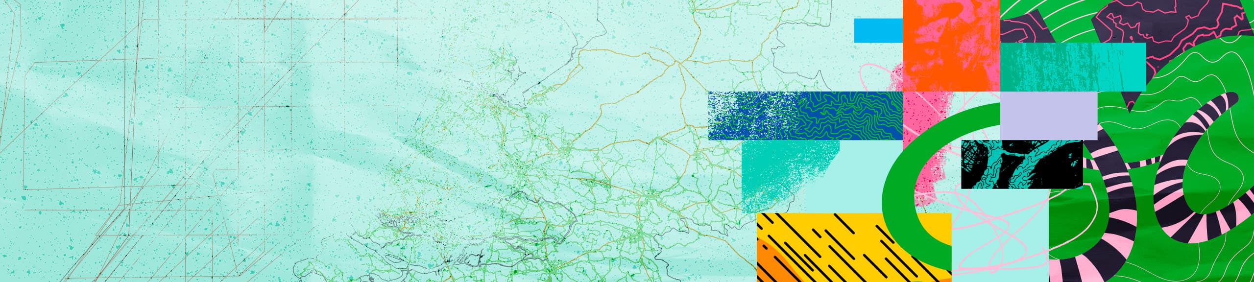 Collage of colorful abstract shapes, patterns, and designs including maps and stylized letters spelling UC