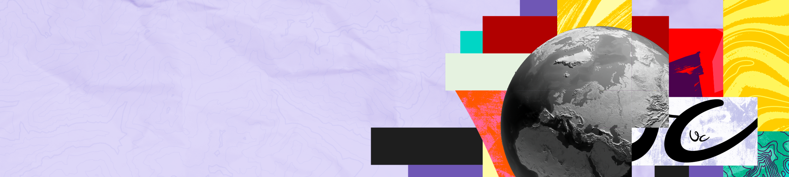 Grayscale globe overlaid on colorful abstract geometric shapes and textures