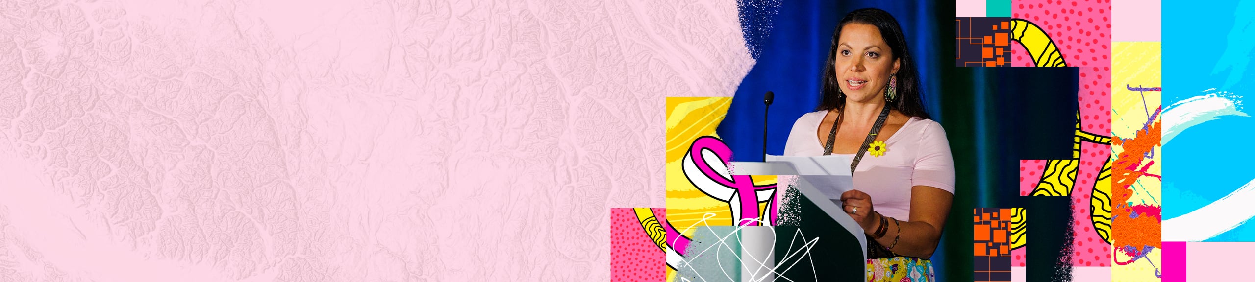 Person with braided hair wearing a rust-colored jacket stands in a field at sunset, facing away, surrounded by colorful abstract collage elements