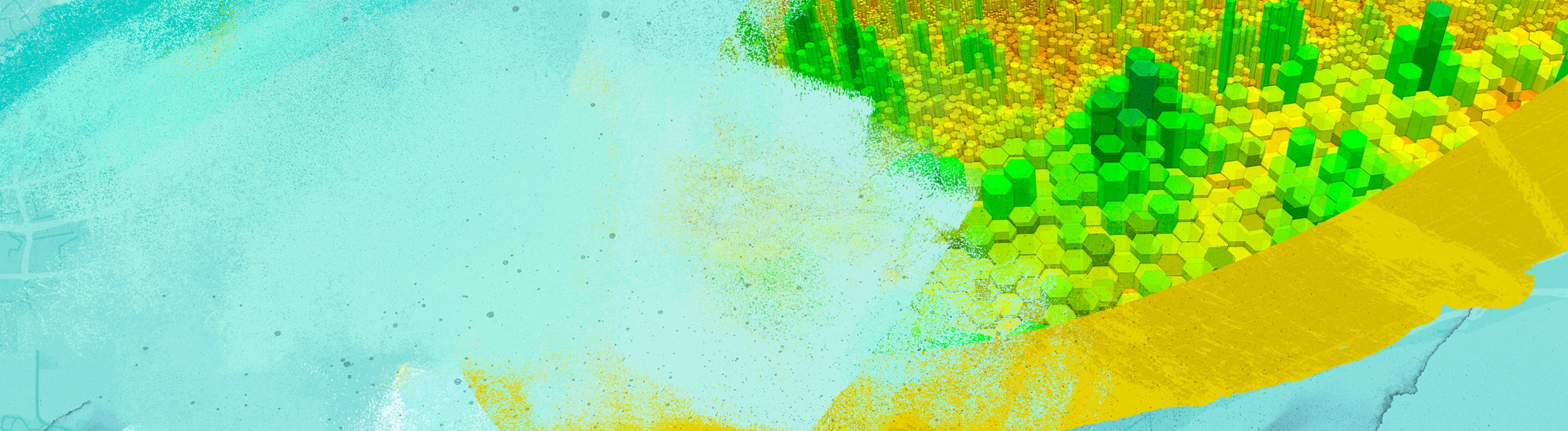 3D hexagonal map along a coastline with green and yellow columns showing varying data density