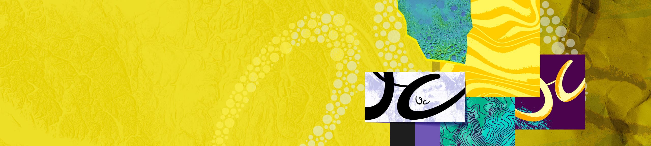 Collage of colorful abstract shapes, patterns, and designs including maps and stylized letters spelling UC