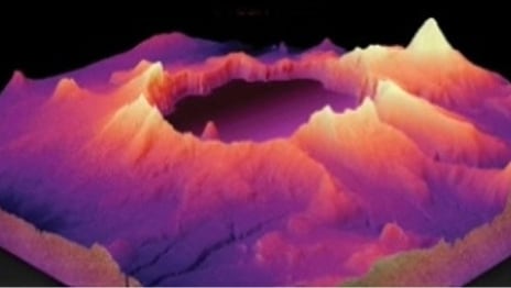3D digital visualization of a volcanic crater with rugged mountains in vibrant purple, pink, and magenta tones