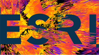 Bold “ESRI” letters over a vivid abstract background with streaks of orange, pink, and yellow