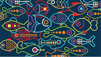 Dark teal background with colorful line-art illustrations of fish in a repeating pattern