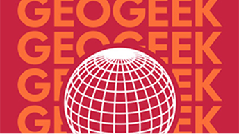 Red background with repeated “GEOGEEK” text and a white wireframe globe centered in the foreground