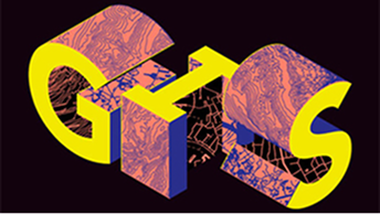 Abstract geometric “GIS” lettering with 3D shapes and textured map patterns on a dark background