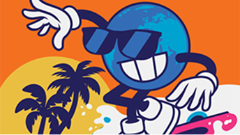 Cartoon globe character wearing sunglasses and waving, with palm trees and a sunset background