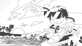 Smiling Globie wearing sunglasses and surfing an ocean wave
