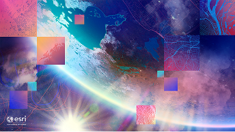 Abstract Earth view with sunrise glow, layered clouds, and translucent data squares and map lines