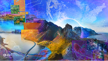 Mountain landscape with a winding river or road, overlaid with semi-transparent data tiles and map graphics