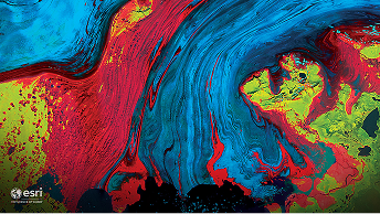 Abstract fluid pattern in red, blue, and teal resembling flowing paint or lava textures