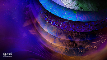 Layered spherical forms with map textures and atmospheric colors in purple, blue, and gold