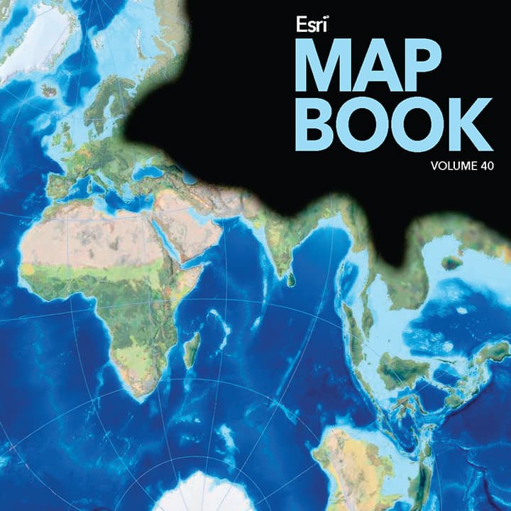 Cover of the Esri Map Book Volume 40 featuring a world map with detailed topography and ocean bathymetry.
