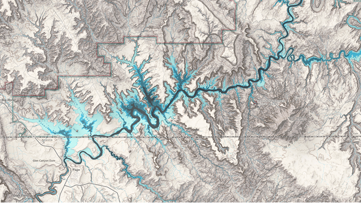 A detailed topographic map shows a winding turquoise river cutting through rugged canyon terrain