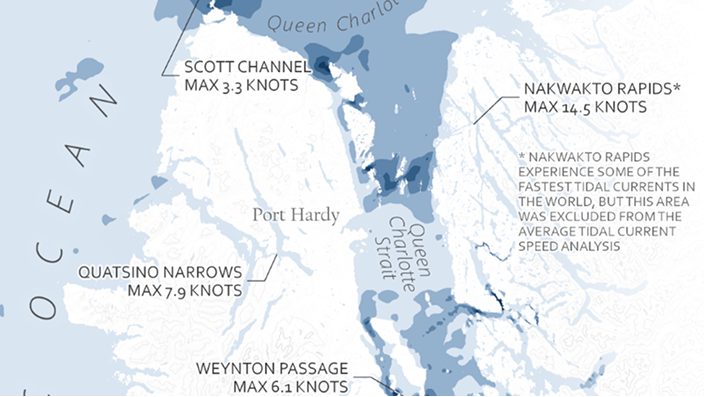 A detailed map highlights tidal current speeds in waterways around Queen Charlotte Strait and Port Hardy