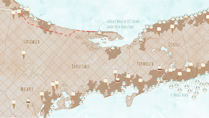 Stylized illustrated map highlights Cape Cod towns with ice cream icons
