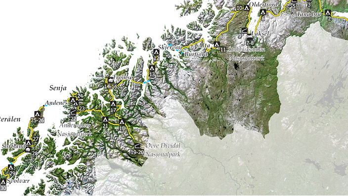 A detailed map illustrates a scenic coastal route winding through the mountainous coastline of northern Norway.