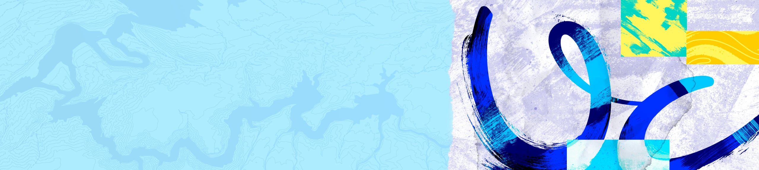 Abstract graphic featuring layered blue brushstrokes and geometric shapes in aqua and yellow with “UC” on a textured background