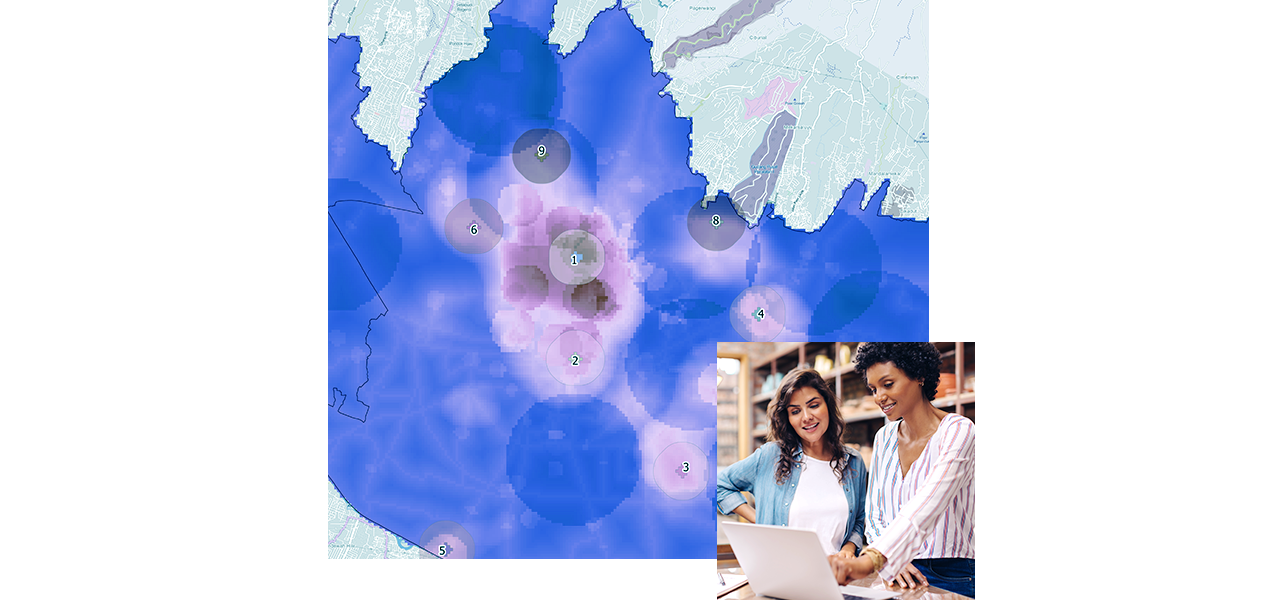 Un mapa que muestra zonas concentradas con círculos azules y rosas que representan ubicaciones ideales para hacer crecer un negocio añadiendo nuevas tiendas.