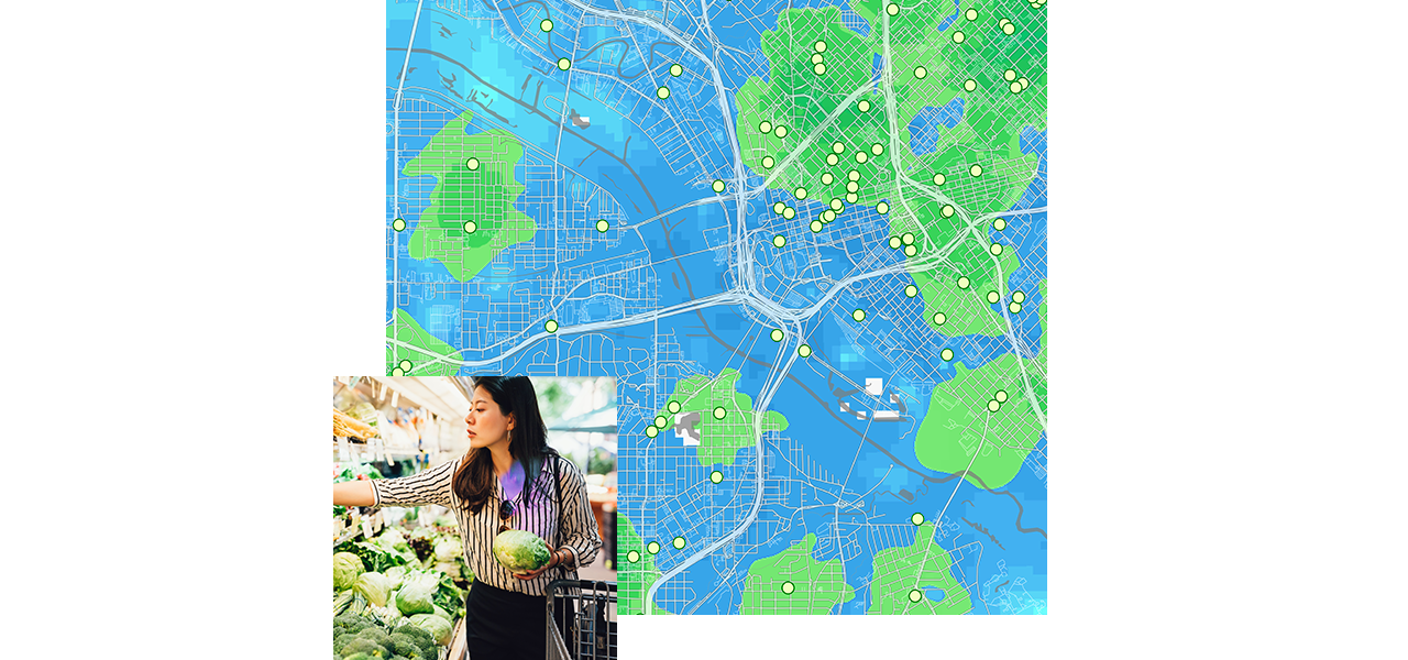 A blue and green map showing access to grocery stores, and a woman choosing food in a store