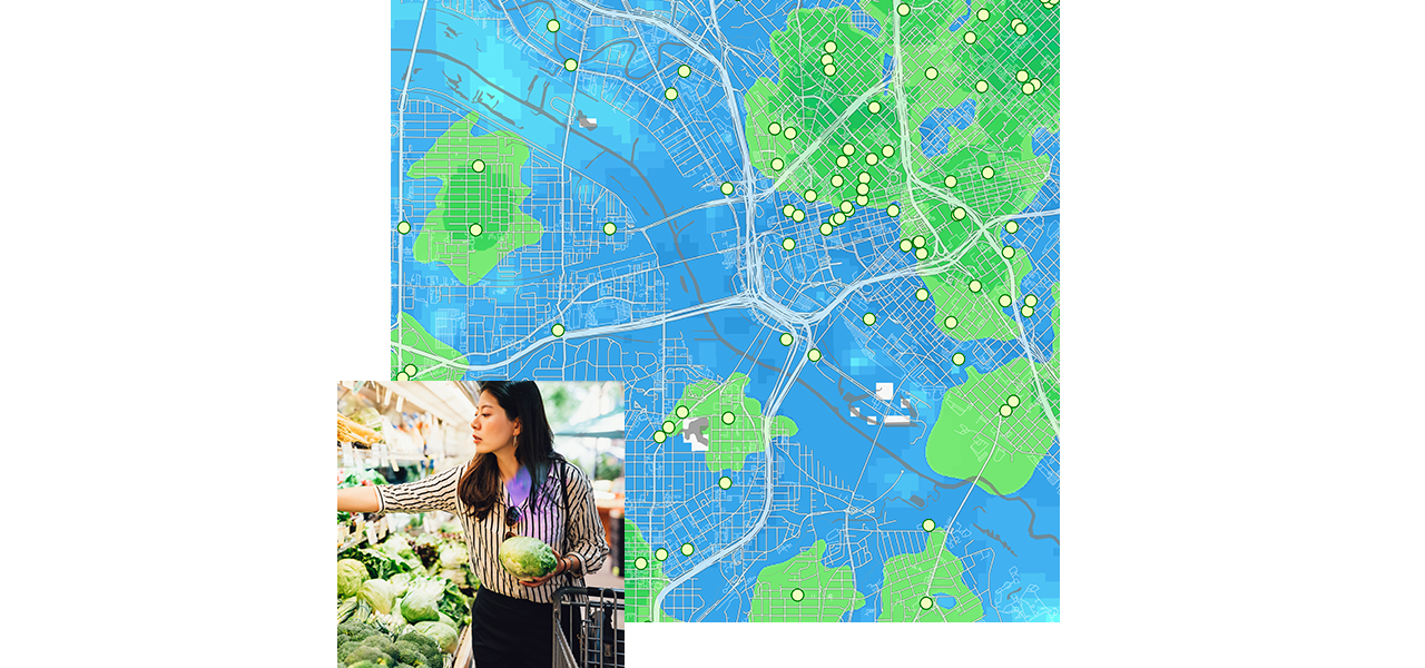 Carte bleue et verte montrant l’accès aux épiceries et femme choisissant des aliments dans un magasin