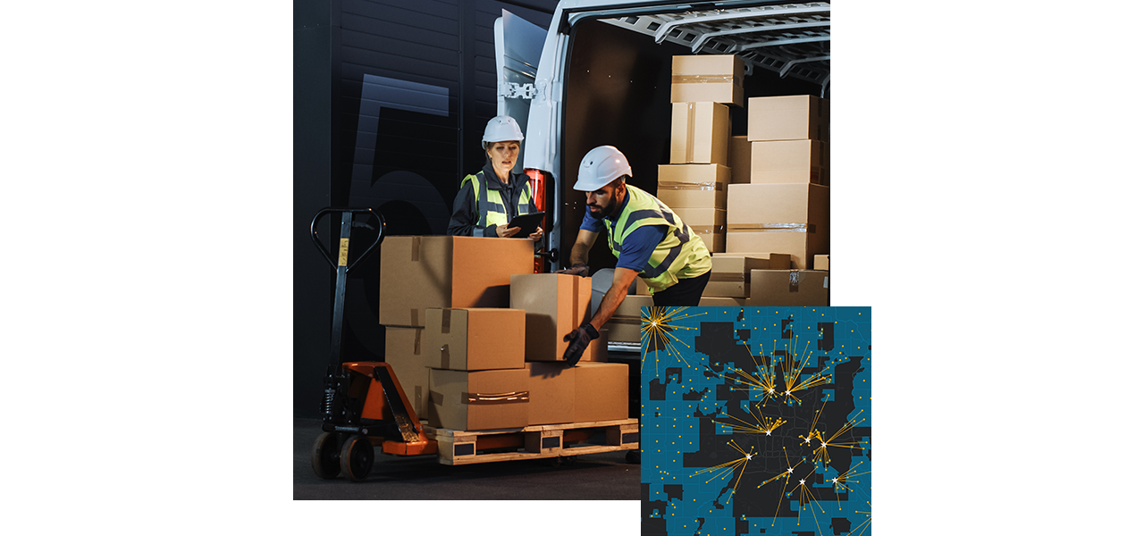 A map showing the customer locations served by a warehouse, and warehouse employees loading a pallet