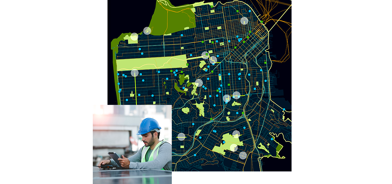 Person in a safety helmet planning infrastructure upgrades on a tablet, with a map view of asset locations