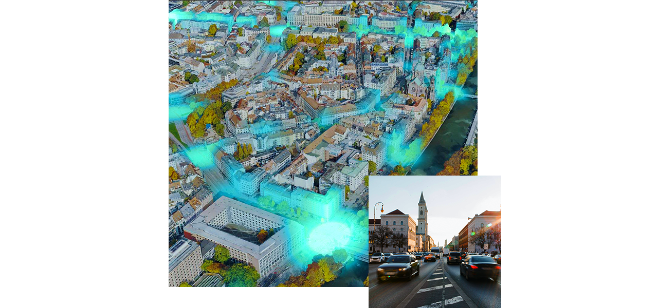 Mapa de aquecimentode de acidentes de trânsito em Munique, mostrado em uma visualização 3D