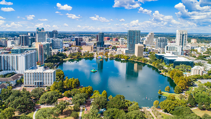 View of Orlando cityscape with skyscrapers and water