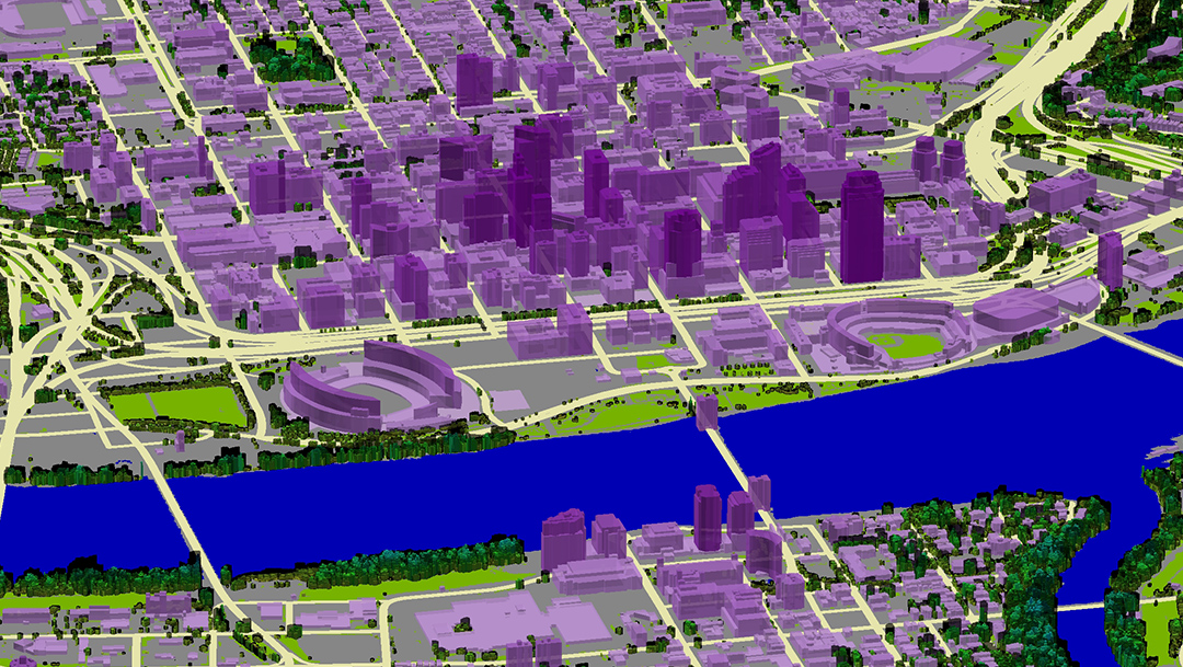 A detailed 3D vector model of Cincinnati, Ohio shows buildings and individual contoured trees to help inform planning for 5G networks. 