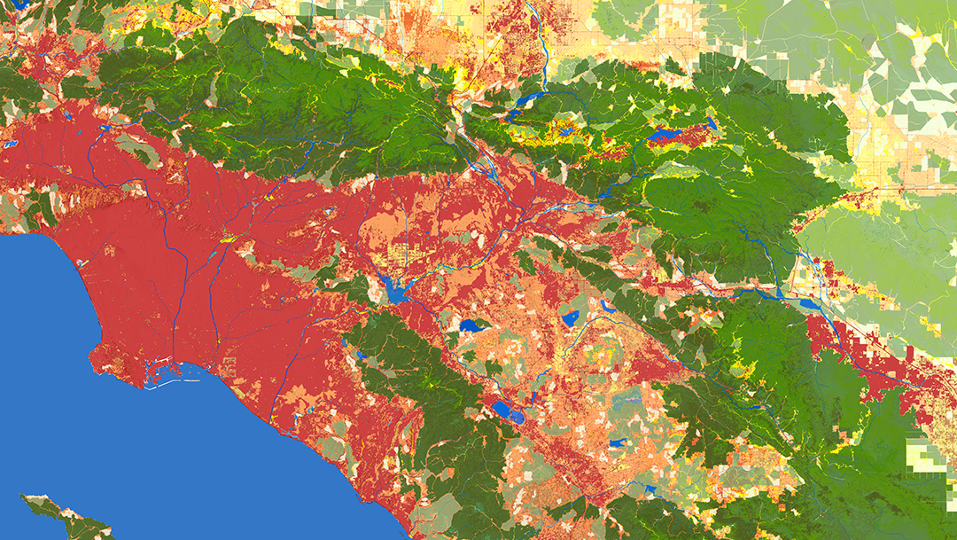 A map of Southern California with areas marked in red to show the results of a green infrastructure analysis