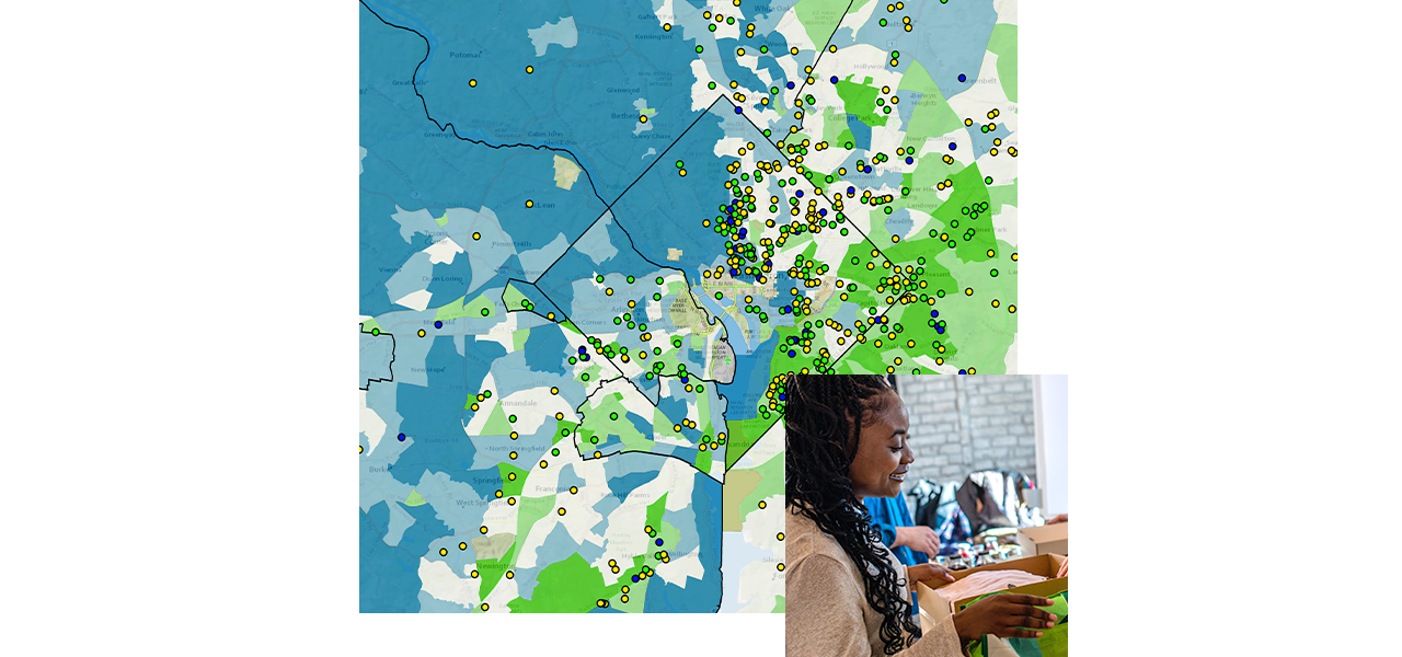 A map showing the locations of food bank partners and a woman serving food