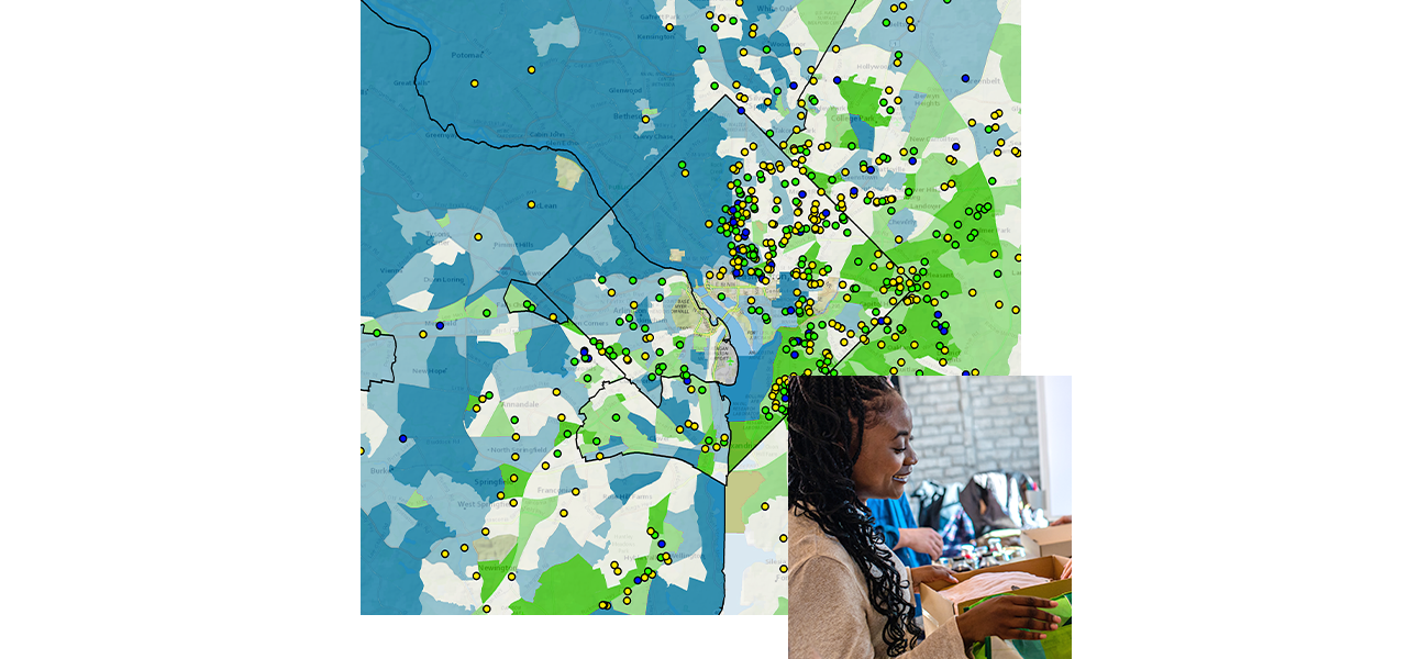 Um mapa mostrando a localização dos parceiros do banco de alimentos e uma mulher servindo comida