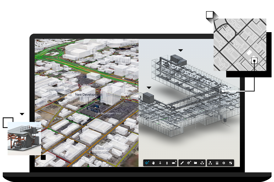 Laptop mit geteiltem Bildschirm, auf dem einerseits eine dreidimensionale Bauwerksdatenmodellierung (BIM) zusammen mit den räumlichen Daten des Grundstücks und andererseits die Skizze einer Stadtlandschaft zu sehen ist