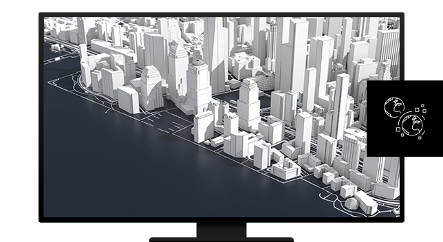 A desktop computer displaying a 3D cityscape and skyscrapers on the water’s edge, and an illustrated graphic of two globes