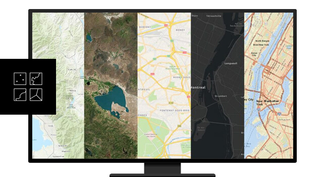 A graphic of a computer monitor displaying a screen split into five segments, each displaying a different colorful map