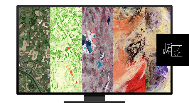 Image d’un écran d’ordinateur partagé en cinq parties, chacune affichant une carte en couleurs différente