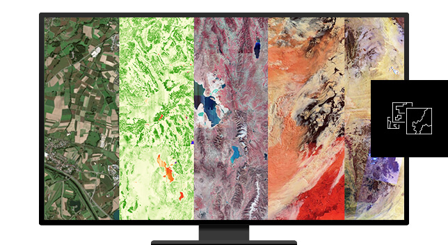 A graphic of a computer monitor displaying a screen split into five segments, each displaying a different colorful map