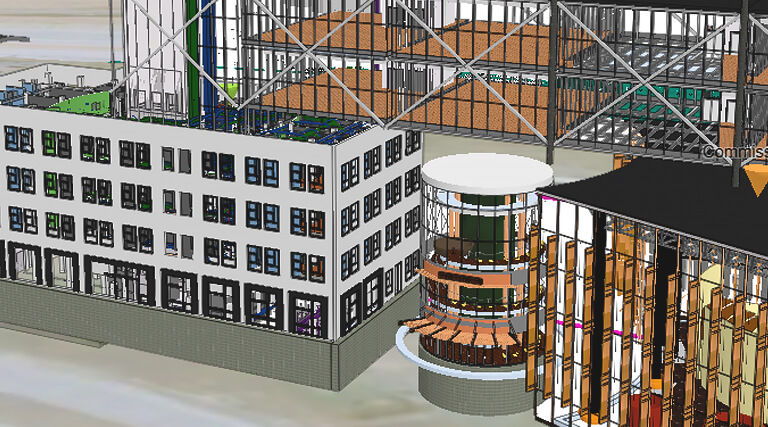 A 3D model of a complex modern office complex