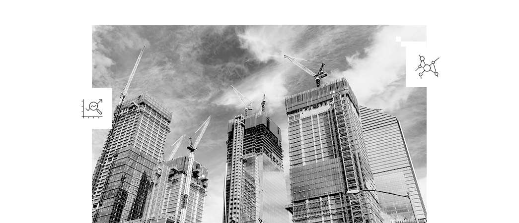 In progress construction of four skyscrapers against a cloud filled sky, sketches of buildings, and square illustrated graphics