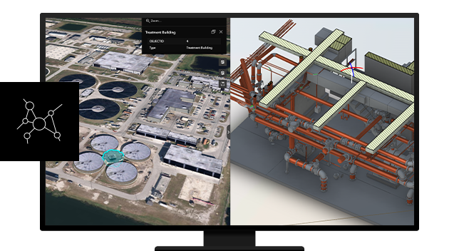 A desktop computer displaying a split screen of a water plant worksite and a 3D spatial image of a pump