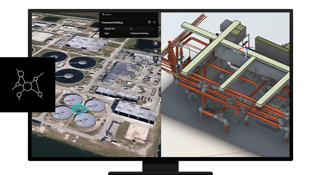 Grafika przedstawiająca monitor komputera z podzielonym ekranem, na którym z jednej strony znajduje się obraz lotniczy dużego kompleksu przemysłowego, a z drugiej — model 3D infrastruktury budowlanej