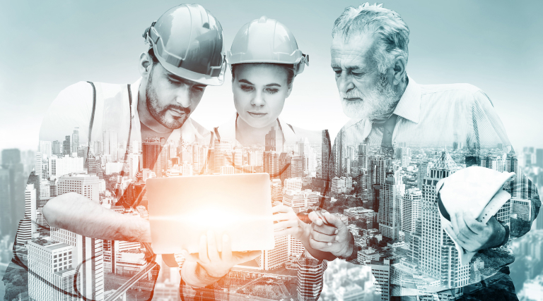 : Three people with hard hats using a device overlaid with a transparent image of dense, modern city overlaid with a play button