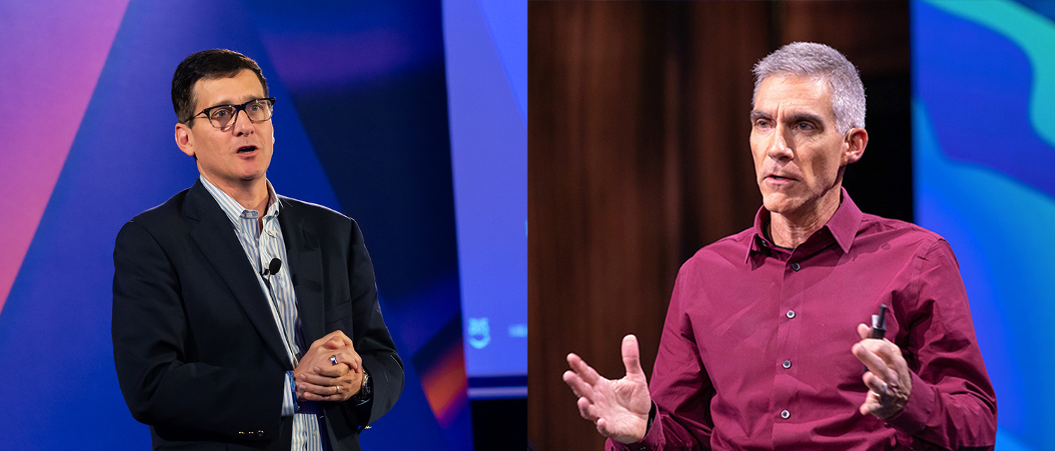 Two side-by-side images of speakers Jeff Kratz and Robert Laudati speaking onstage with vivid blue and fuschia backgrounds
