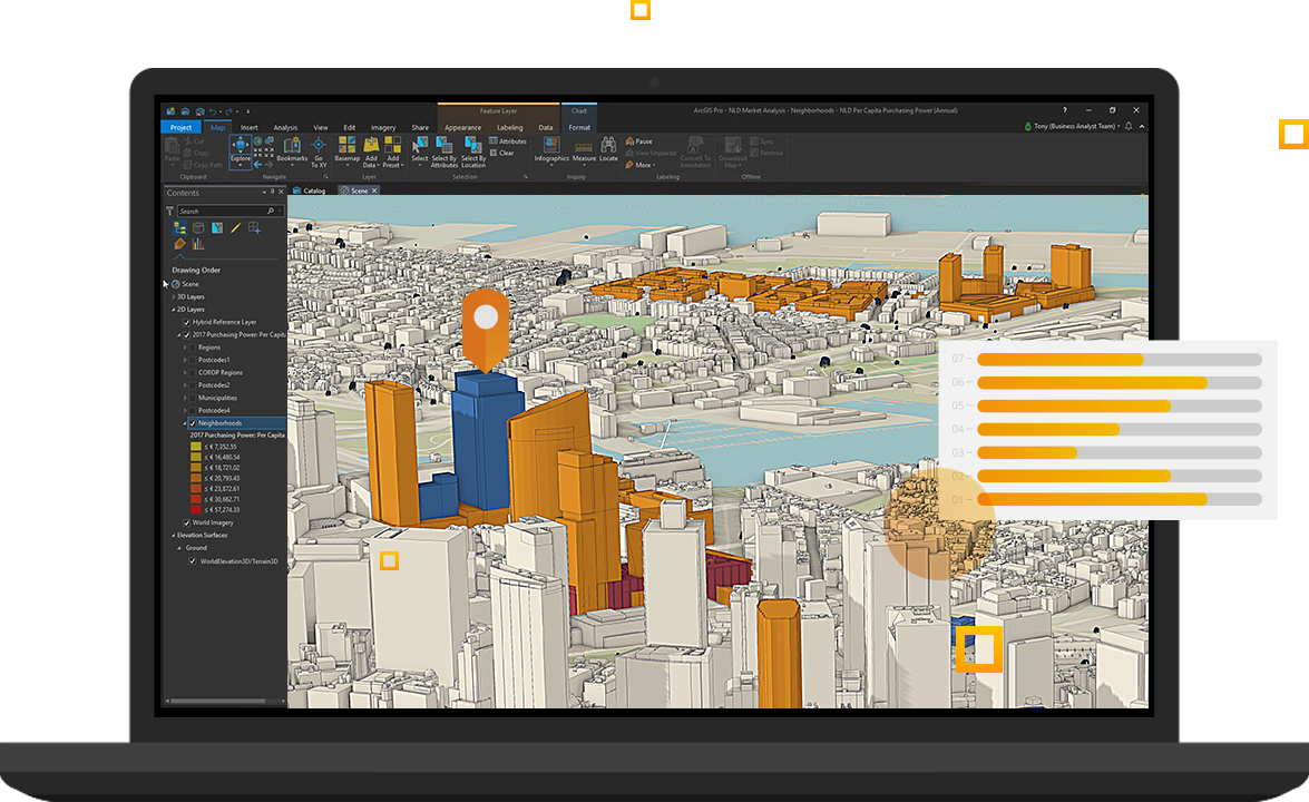 A laptop screen displays software analyzing a computer-generated 3D city map.